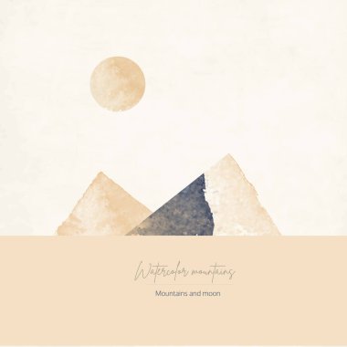 Dağları ve ayı olan stilize edilmiş suluboya manzara, modaya uygun sanat şablonu, retro kart