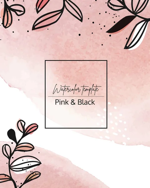 Roze Zwarte Aquarel Bloemen Sjabloon Met Bladeren Luxe Bruiloft Uitnodiging — Stockvector