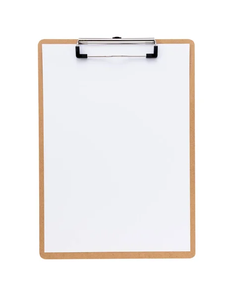 白色背景上有白纸的木制剪贴板 — 图库照片