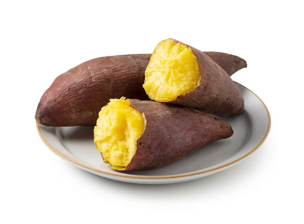 Sötpotatis Bryts Itu Vit Bakgrund Tallrik — Stockfoto