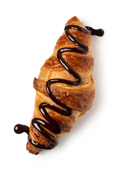 Croissant Com Molho Chocolate Fundo Branco Vista Cima — Fotografia de Stock