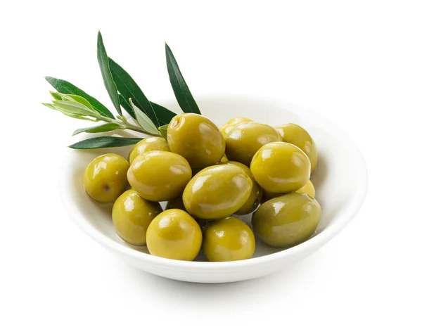 食盐橄榄和橄榄枝放在白色背景上 — 图库照片