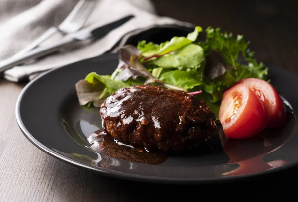 Hamburger Demi Glace Sauce Served Plate Placed Table — Stock Photo, Image