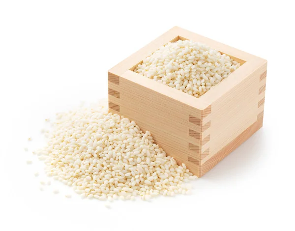 Žlutá Rýže Masu Dřevěná Krabička Zasazená Bílém Pozadí — Stock fotografie