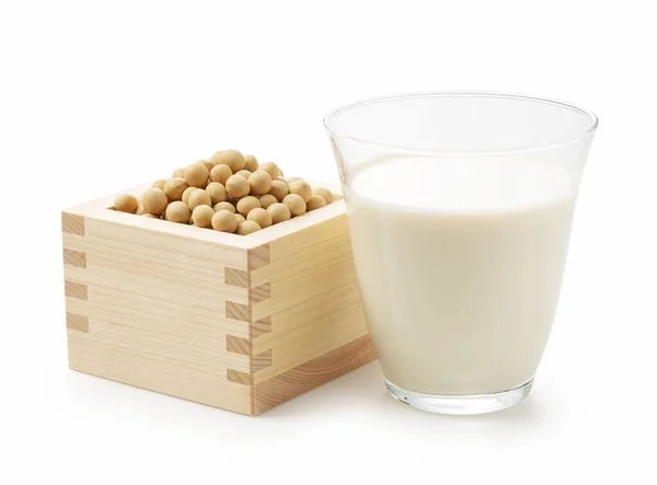 Soy Milk Glass Soybeans Masu Box White Background — Stock Photo, Image