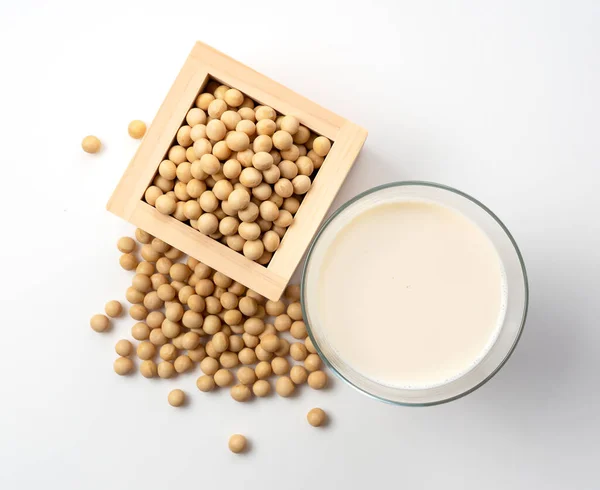 Soy Milk Soybeans Glass Placed White Background View Directly — Stock Photo, Image