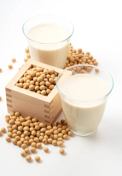 Soy Milk Glass Soybeans Masu Box White Background — Stock Photo, Image