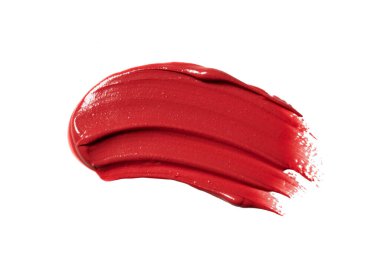 Beyaz arka planda kırmızı ruj izi. Krem makyaj dokusu. Parlak kırmızı kozmetik ürün fırça darbesi örneği.