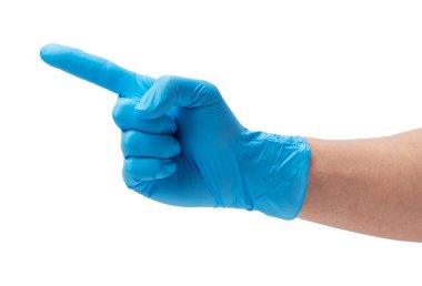 Beyaz arka planda nitril eldiven giyen bir adam. İşaret parmakları.