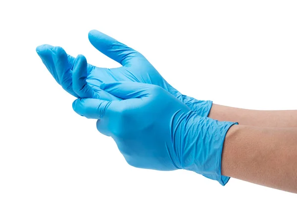 Two Hands Man Wearing Nitrile Gloves White Background — Stock Photo, Image