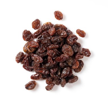 Raisins placed on a white background. View from above.