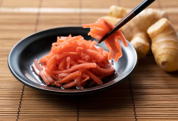 Red Pickled Ginger Placed Japanese Style Background Eating Chopsticks — 图库照片