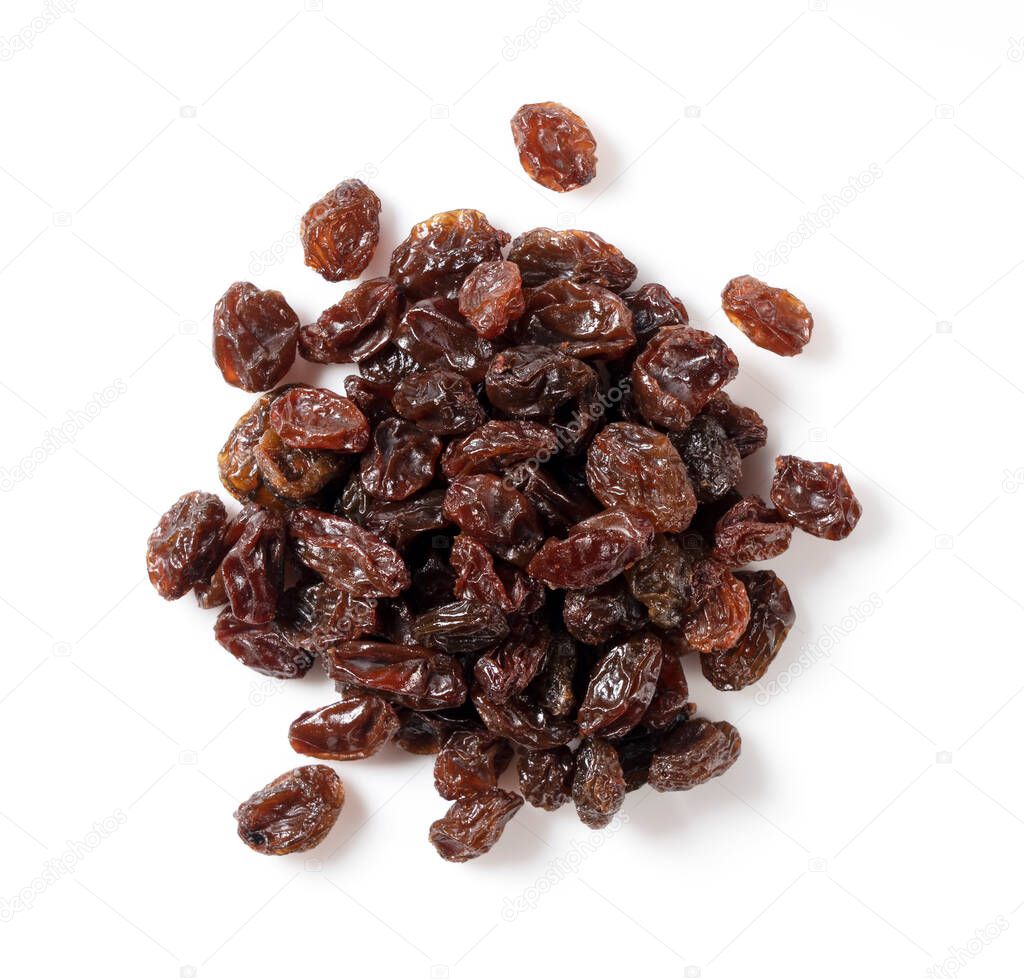 Raisins placed on a white background. View from above.