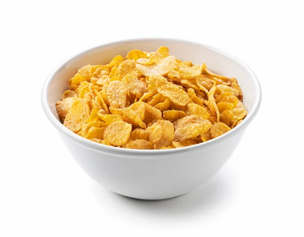 Cornflakes Einer Weißen Keramikschale Vor Weißem Hintergrund — Stockfoto