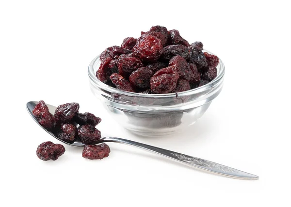 Γλυκό Αποξηραμένα Cranberries Ένα Γυάλινο Μπολ Λευκό Φόντο Ένα Κουτάλι — Φωτογραφία Αρχείου