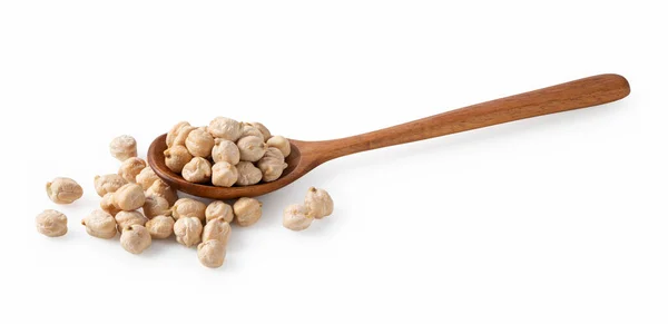 Garbanzos Secos Cuchara Madera Sobre Fondo Blanco — Foto de Stock