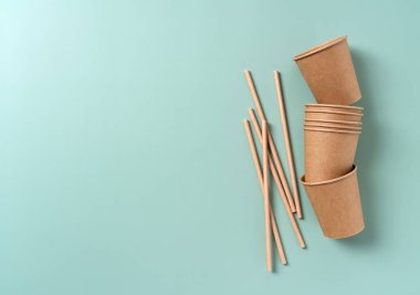 Tek kullanımlık kağıt bardaklar ve pipetler pastel yeşil arka planda. Sıfır atık kavramı. Yukarıdan görüntüle.