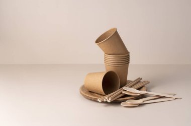 Kahverengi kağıt bardaklar, pipetler, kaşıklar ve plakalar bej arka planda. Sıfır atık kavramı. 