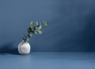 Minimalist hala hayat sahnesi. Seramik top şeklinde vazo ve bitki. Mavi duvar, güneş ışığı ve masanın arka planında uzun gölgeler. Moda iç tasarım. Uzayı kopyala Pastel renkler