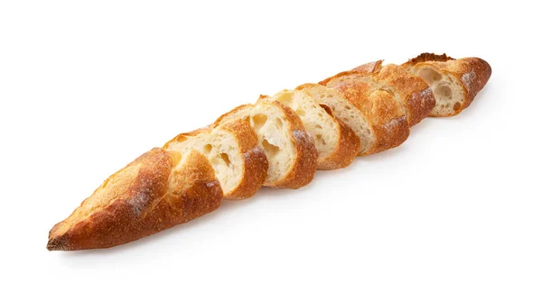 Μια Κομμένη Μπαγκέτα Τοποθετημένη Λευκό Φόντο Γαλλικό Ψωμί Επιμήκη Μορφή — Φωτογραφία Αρχείου