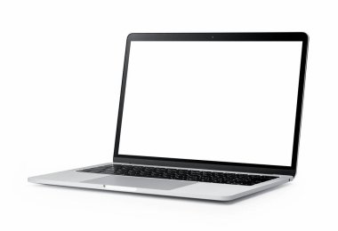 Laptop ve beyaz arka planda boş ekran, gümüş alüminyum gövde. Önden açı.