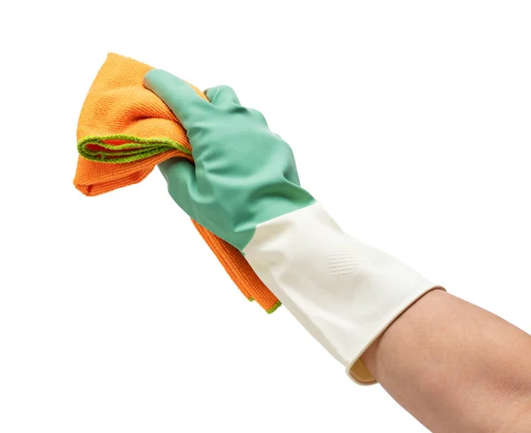 Ręka Mężczyzny Gumowych Rękawiczkach Trzyma Patelnię Białym Tle Pojęcie Czyszczenia — Zdjęcie stockowe