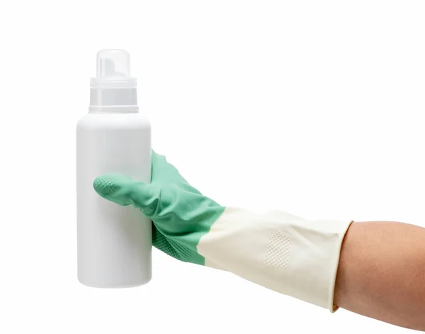 男性手戴橡胶手套 白色背景上拿着一个白色瓶子 清洁的概念 — 图库照片