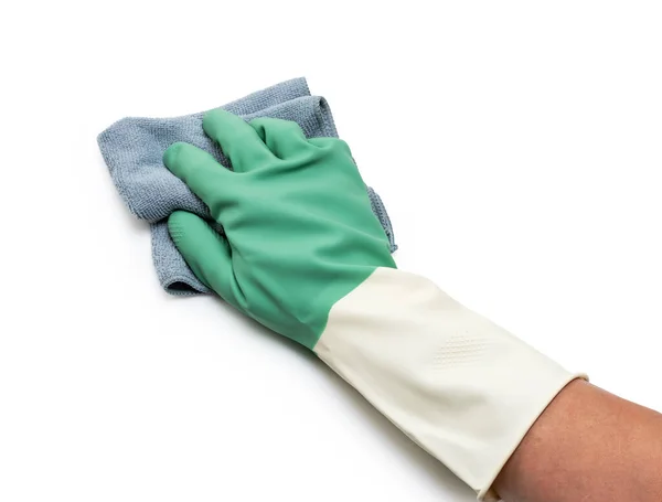 Ręka Mężczyzny Nosząca Gumowe Rękawiczki Chusteczki Patelnią Białym Tle Pojęcie — Zdjęcie stockowe