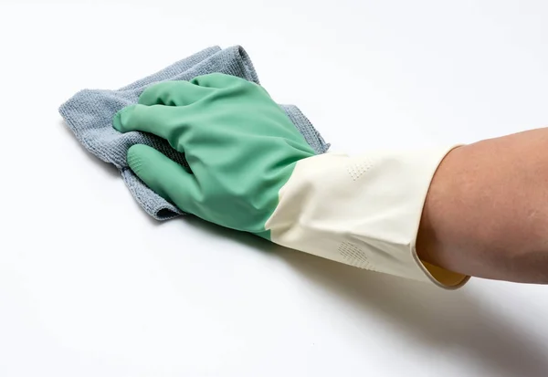 Mano Hombre Con Guantes Goma Limpia Con Cubo Basura Sobre —  Fotos de Stock