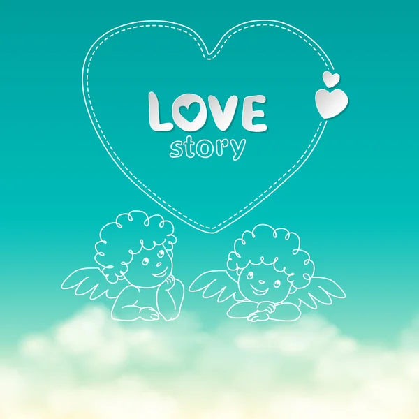 Illustration of hand drawn love story quote width cupid on sunny sky with clouds — Stock Vector