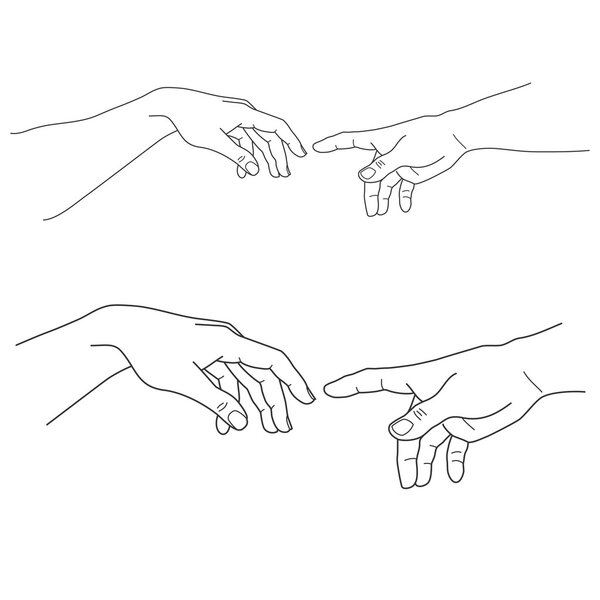 Adam and God hands, touch, hope, help, vector illustration