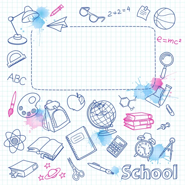 Escola doodle na página xadrez borrões com espaço para texto Ilustração De Stock