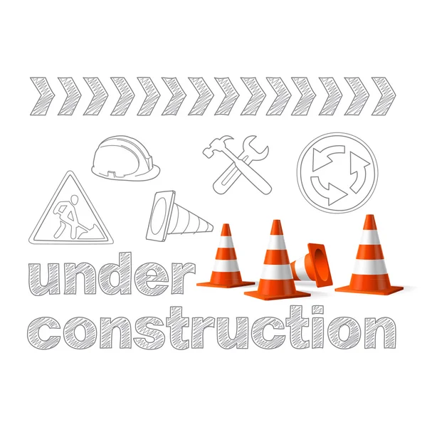 Under construction concept, sketched drawing with traffic cones — Stock Vector