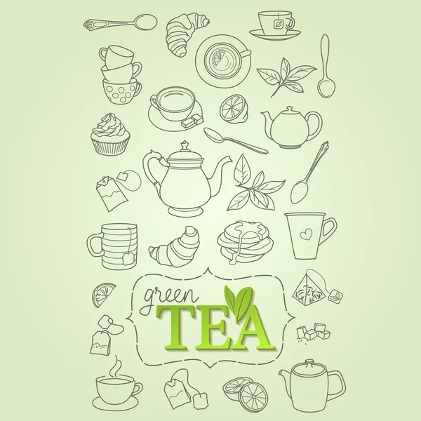 Hand drawn green tea doodle concept vector — Stock Vector