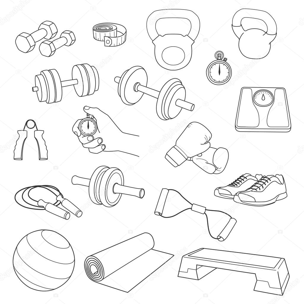 Hand drawn set of fitness accessories. Dumbbells, exercise ball, jump rope, stopwatch, the stopwatch hand, expander, yoga mat, step platform, sneakers, boxing gloves, scales, tape measure.