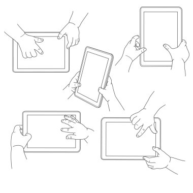 Holding bir tablet, vektör çizim çocuğun eller