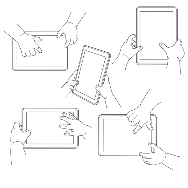 Las manos del niño sosteniendo una tableta, ilustración vectorial — Vector de stock