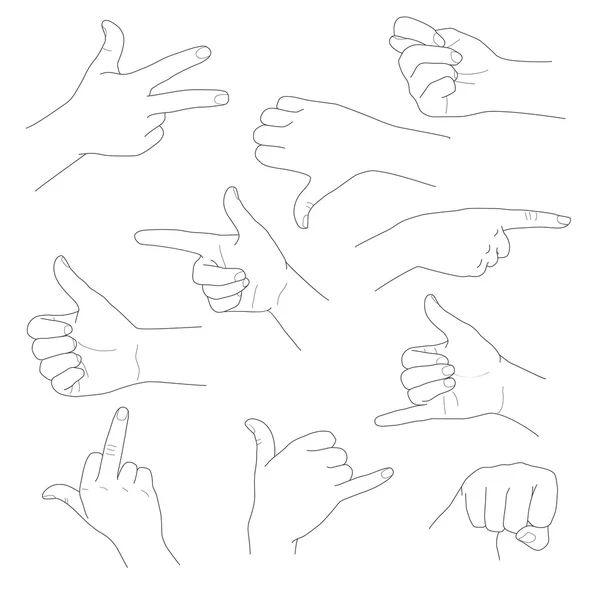 Manos en diferentes gestos e interpretaciones ilustración vectorial — Vector de stock