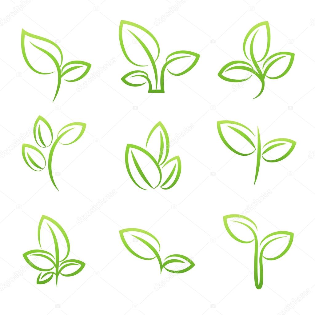 Leaf simbol, Set of green leaves design elements