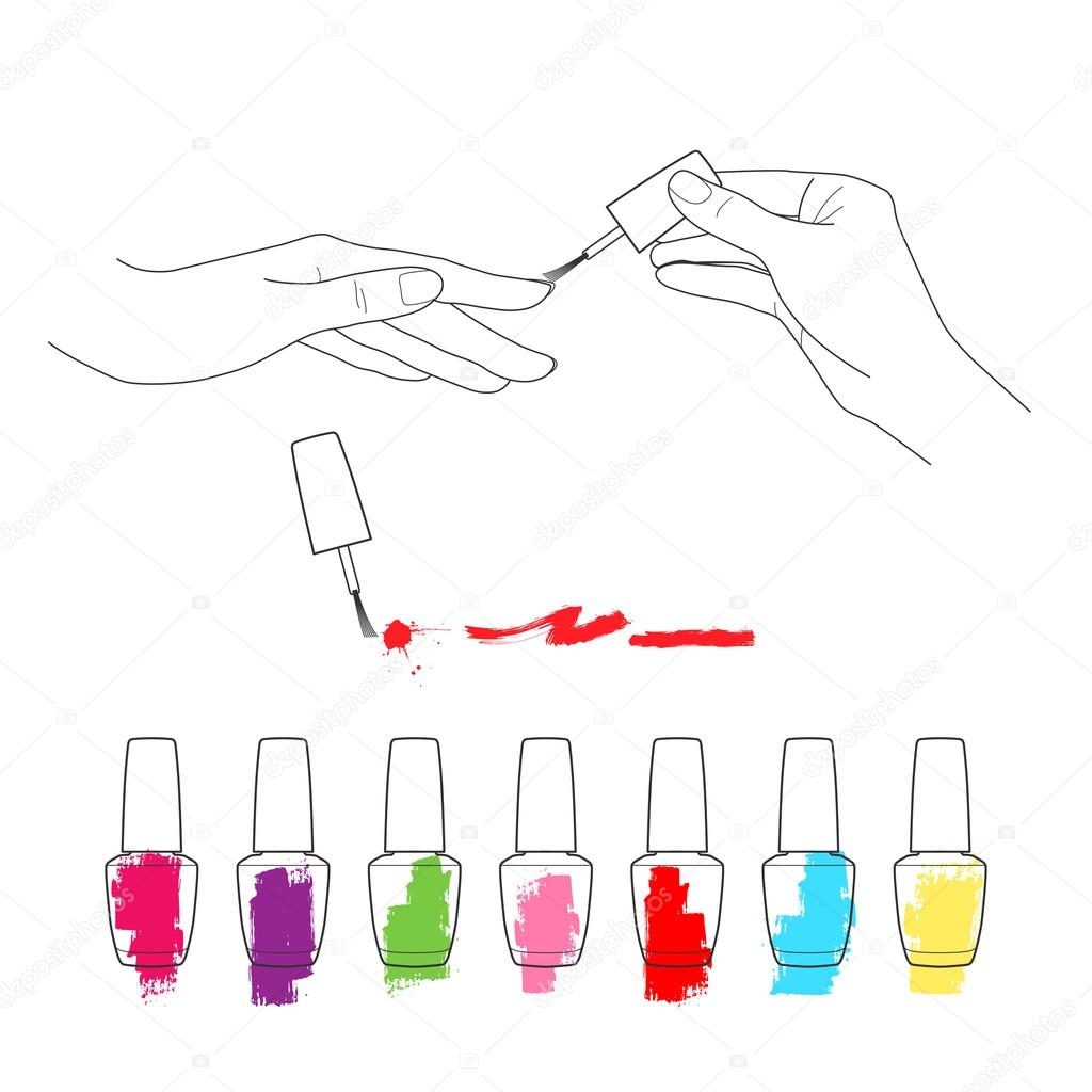 Manicure, womens hands, the palette of nail polish vector set