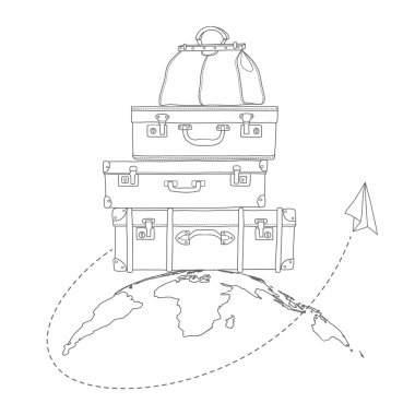 Vector illustration of flying air plane around travel suitcases on planet background vector