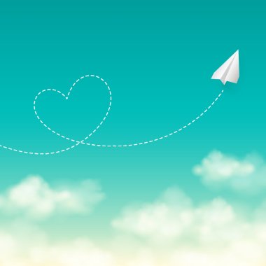 Love travel concept a paper plane flying in the sunny blue sky  vector background