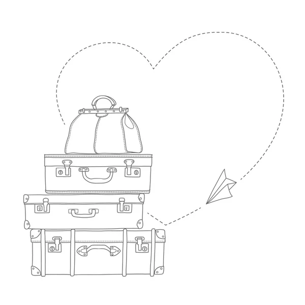 Skiss illustration av flygande papper plan runt resa resväskor isolerade vektor — Stock vektor
