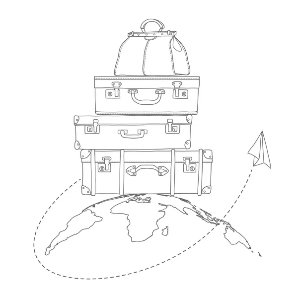 Vektorillustration des fliegenden Flugzeugs um Reisekoffer auf dem Hintergrund des Planeten — Stockvektor