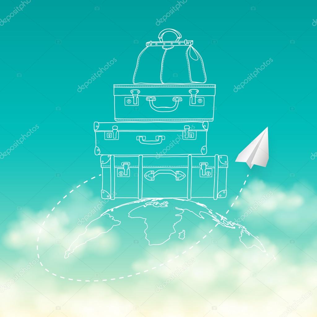 Vector illustration of flying air plane around travel suitcases on planet sky with clouds background 