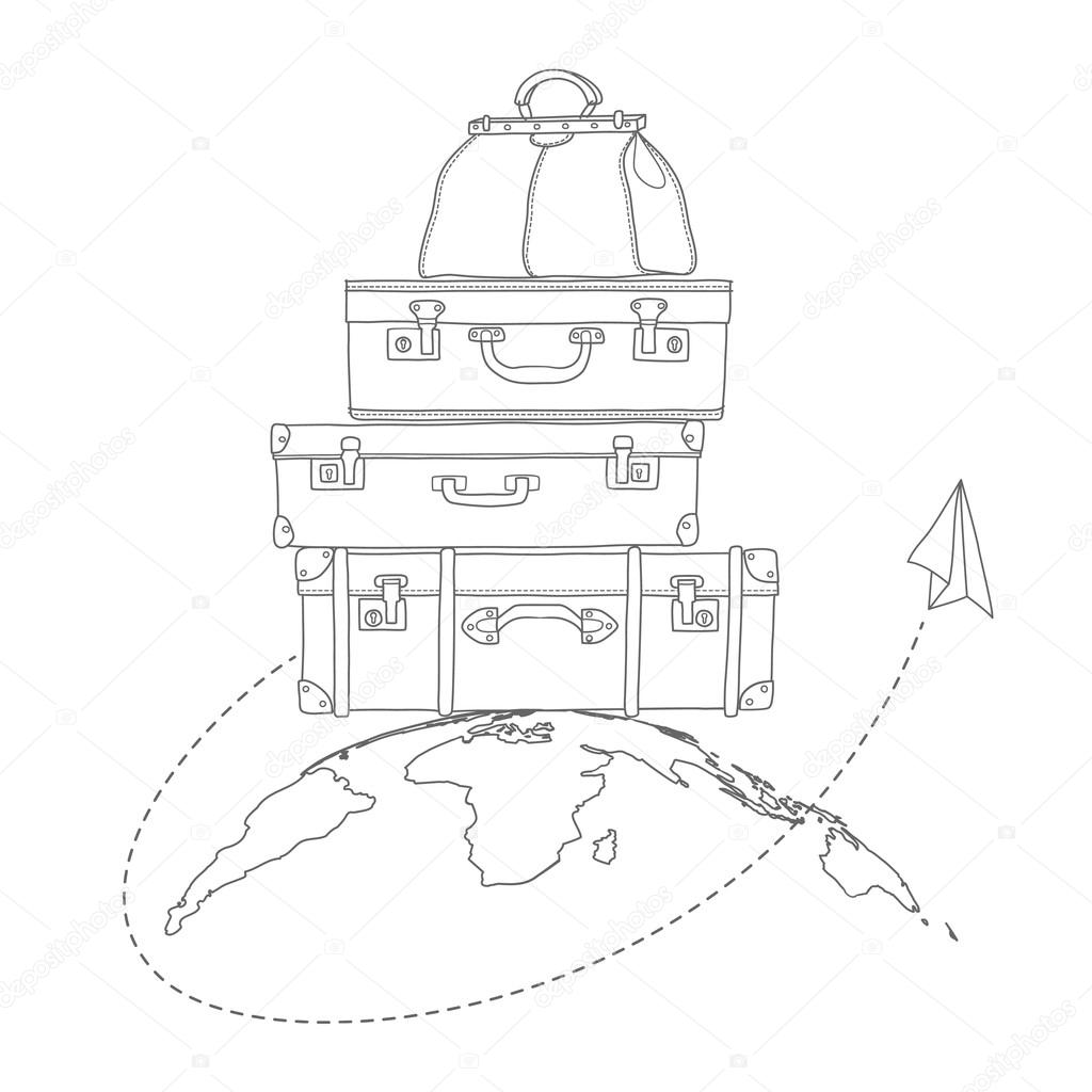 Vector illustration of flying air plane around travel suitcases on planet background