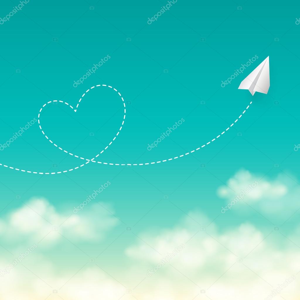 Love travel concept a paper plane flying in the sunny blue sky  vector background