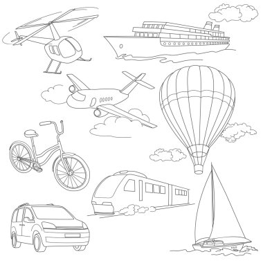 Set araba, hava balonları, gemiler, Bisiklet, helikopter, uçak ve tren ile seyahat