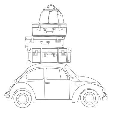 Auto travel retro car with luggage on the roof