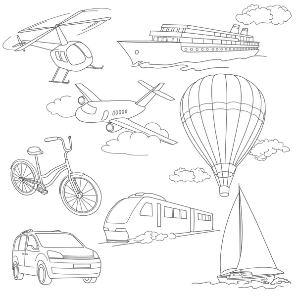 Juego de viajes con coche, globos aéreos, barcos, bicicleta, helicóptero, avión y tren — Archivo Imágenes Vectoriales